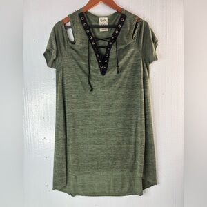 Vocal L Lace Up Studded Cold Shoulder Tunic Top